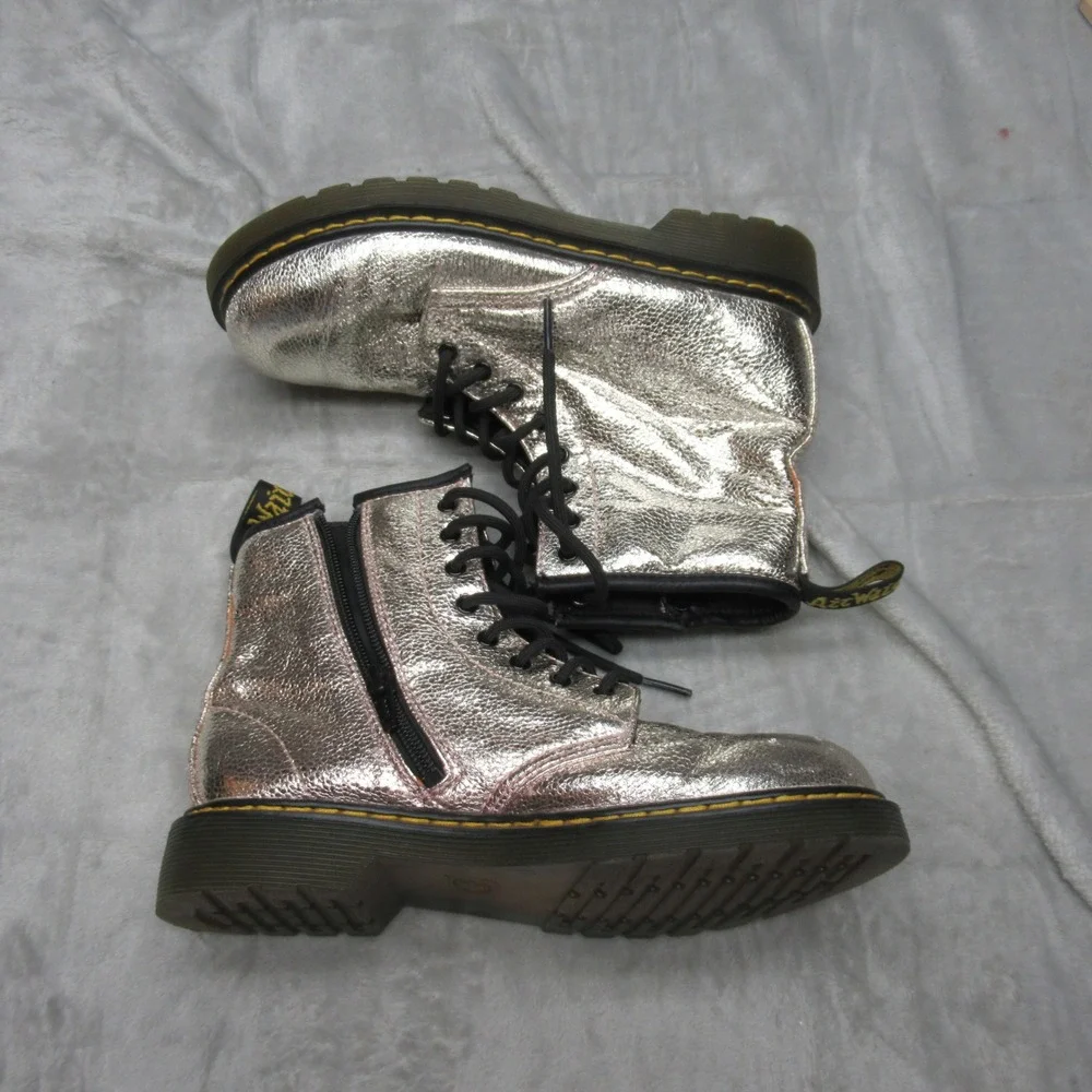 Dr Martens Girls 5 Combat Shoes Silver Crinkle Metallic Glitter Leather‎ Chunky
